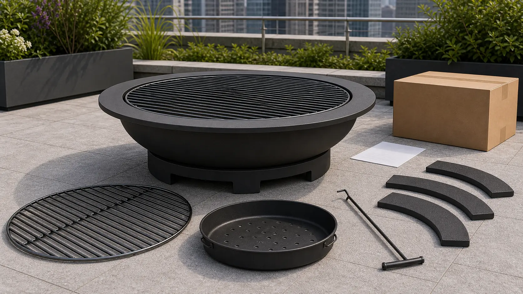 Illustrative detail view of Low-Profile Patio Fire Bowl with BBQ Grill