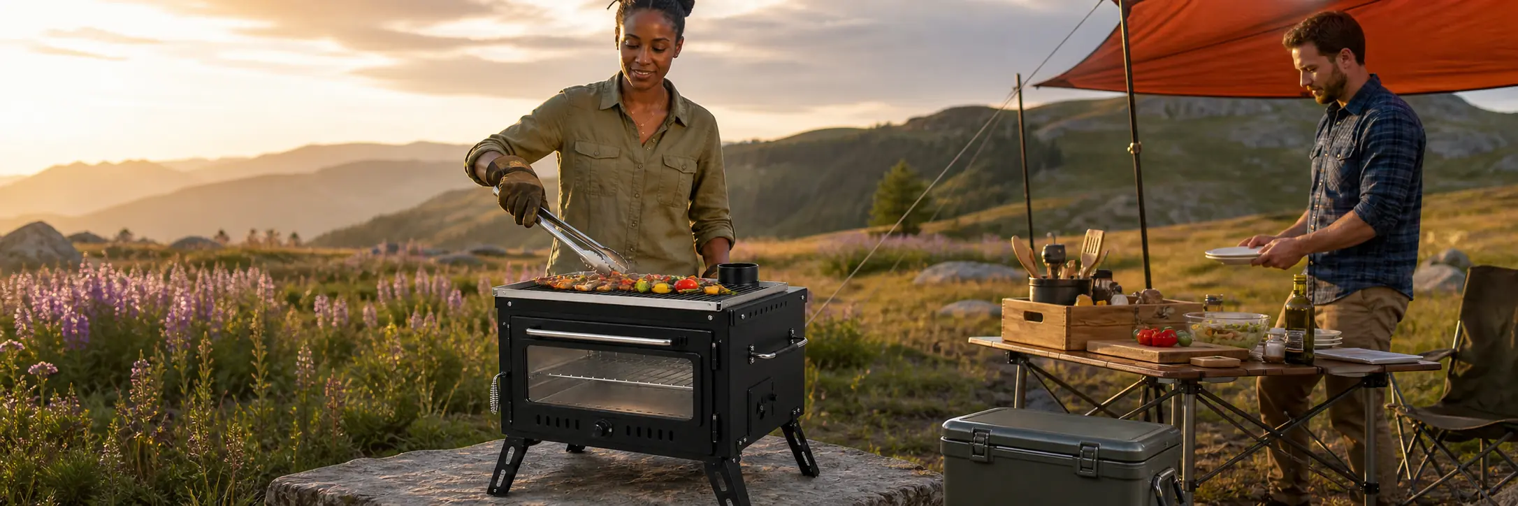 Illustrative camping oven stove with a top grill