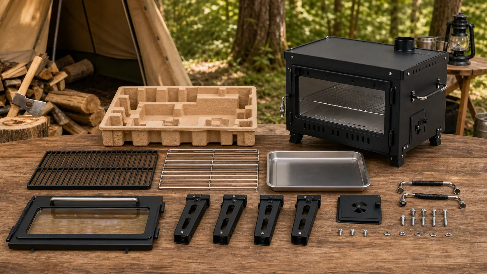 Illustrative detail view of Camping Oven with Top BBQ Grill