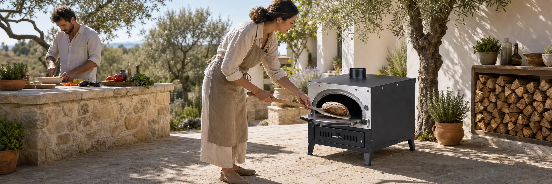 Illustrative outdoor wood-fired oven with a front baking door