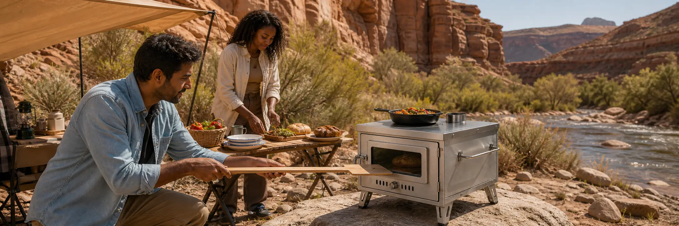 Illustrative stainless-steel stove with oven chamber and flat cooking top