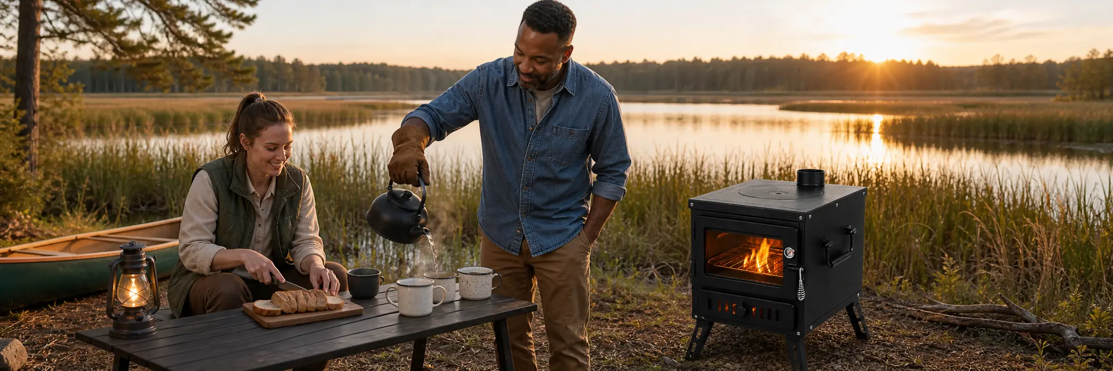 Illustrative wood-fired camping stove with a flat cooking top