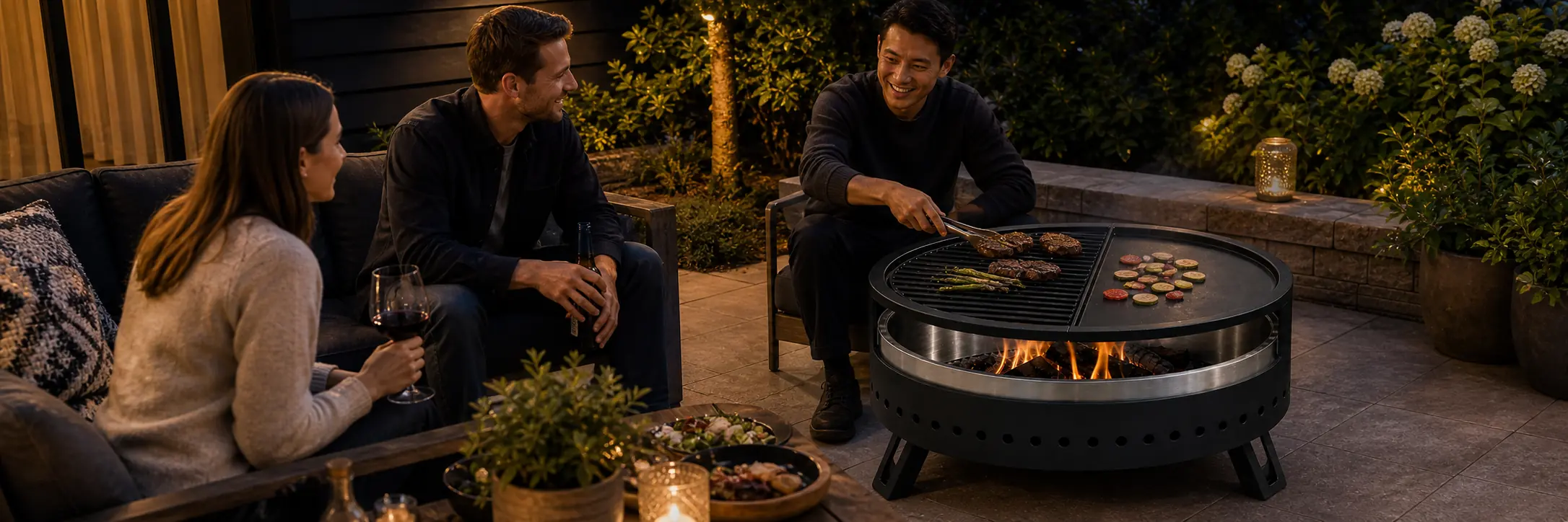 Illustrative compact patio fire pit with a split grill and griddle