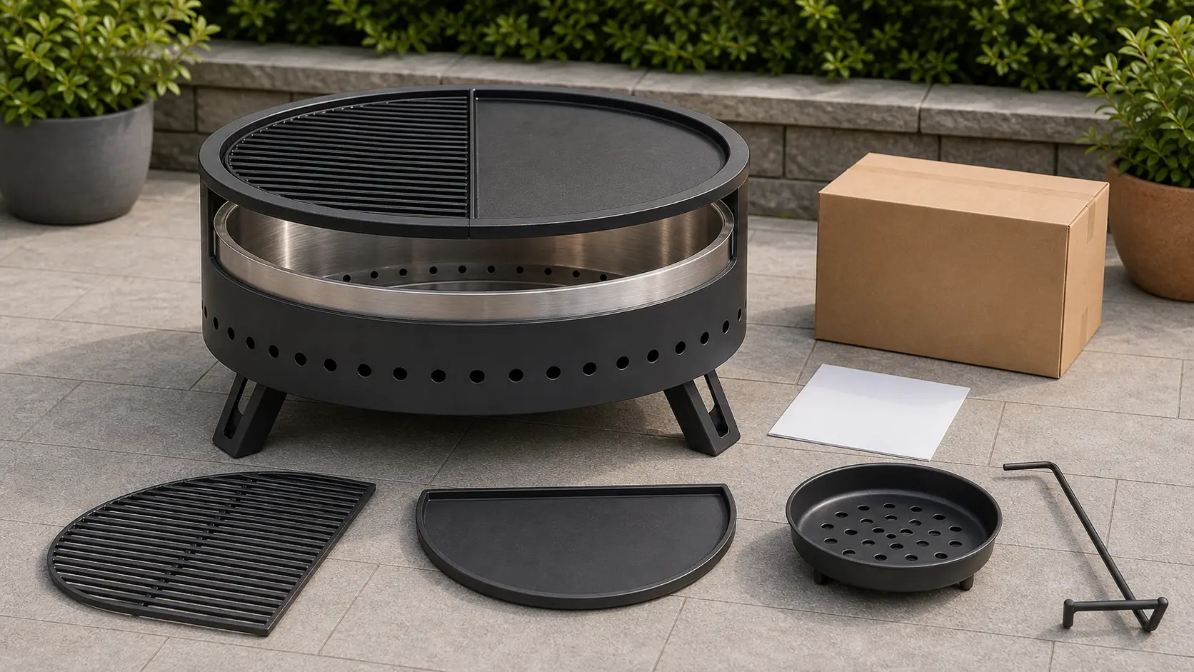 Illustrative detail view of Compact Patio Fire Pit with Grill and Griddle