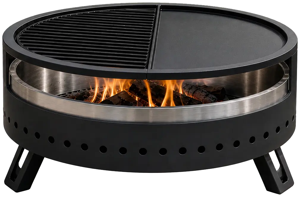 Compact Patio Fire Pit with Grill and Griddle configuration shown
