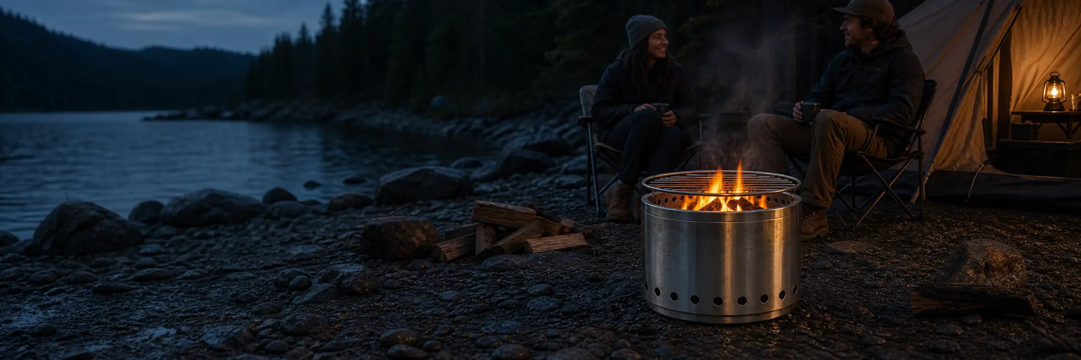 Illustrative compact titanium fire pit with double-wall openings and a grill ring