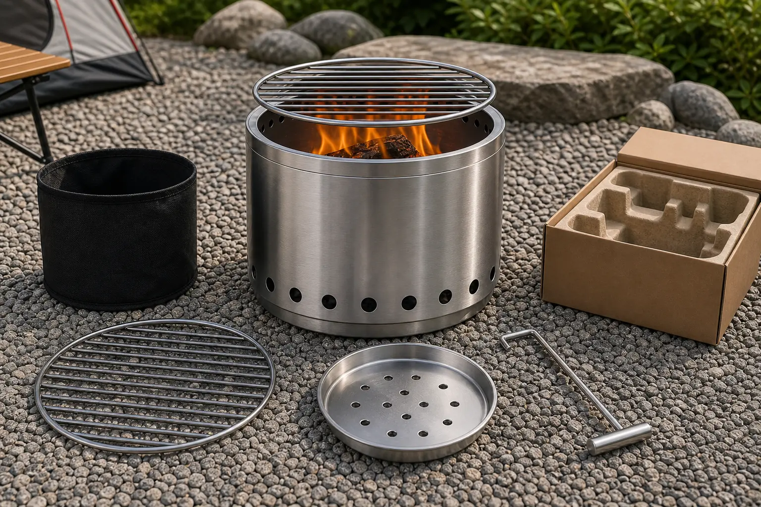 Illustrative detail view of Portable Titanium Fire Pit with BBQ Grill