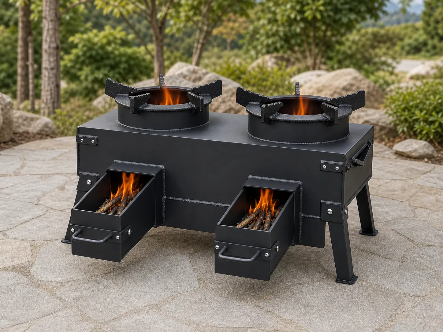 Illustrative product view of Double-Burner Camping Rocket Stove