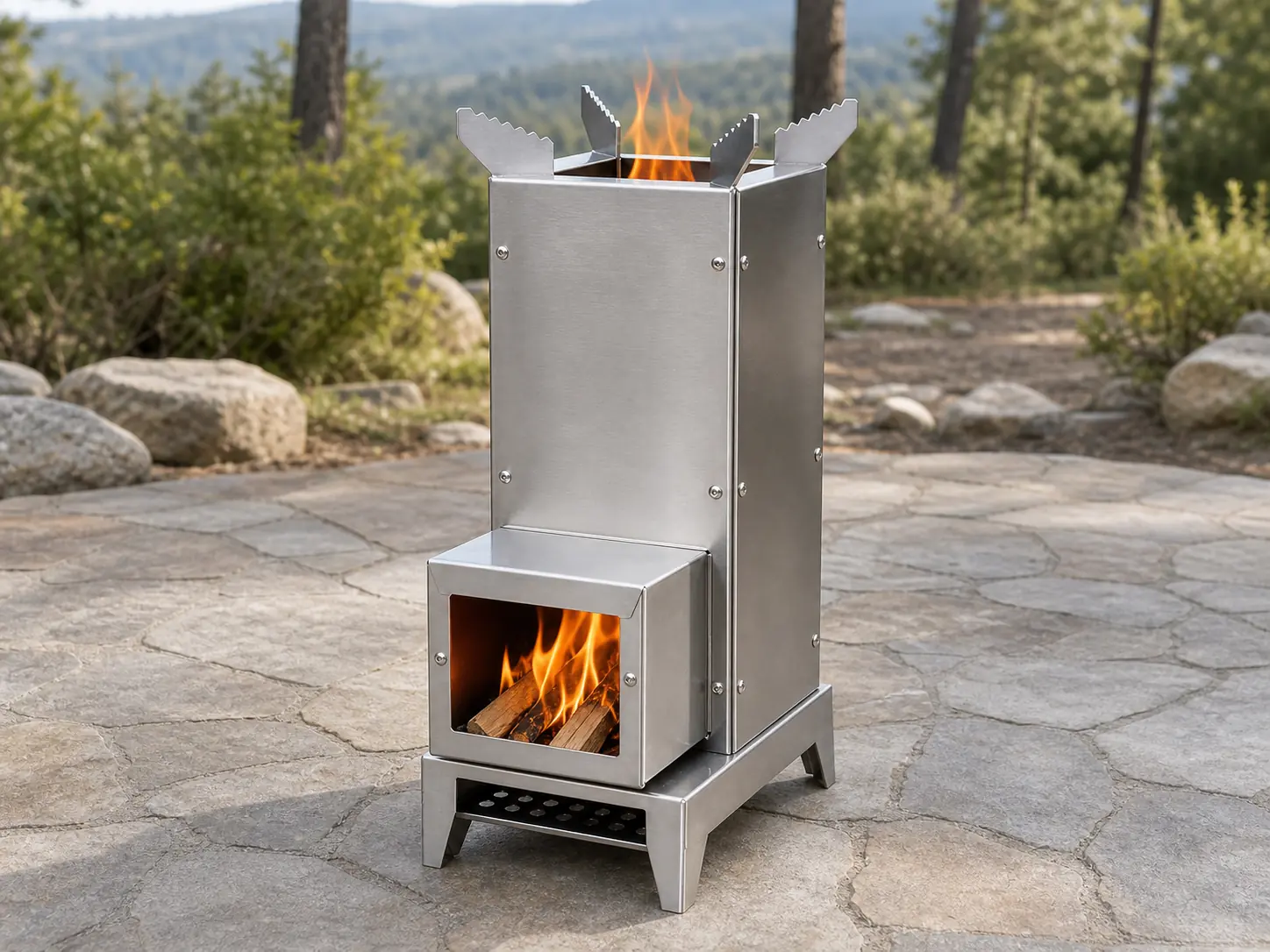 Tall Stainless Steel Rocket Stove configuration shown