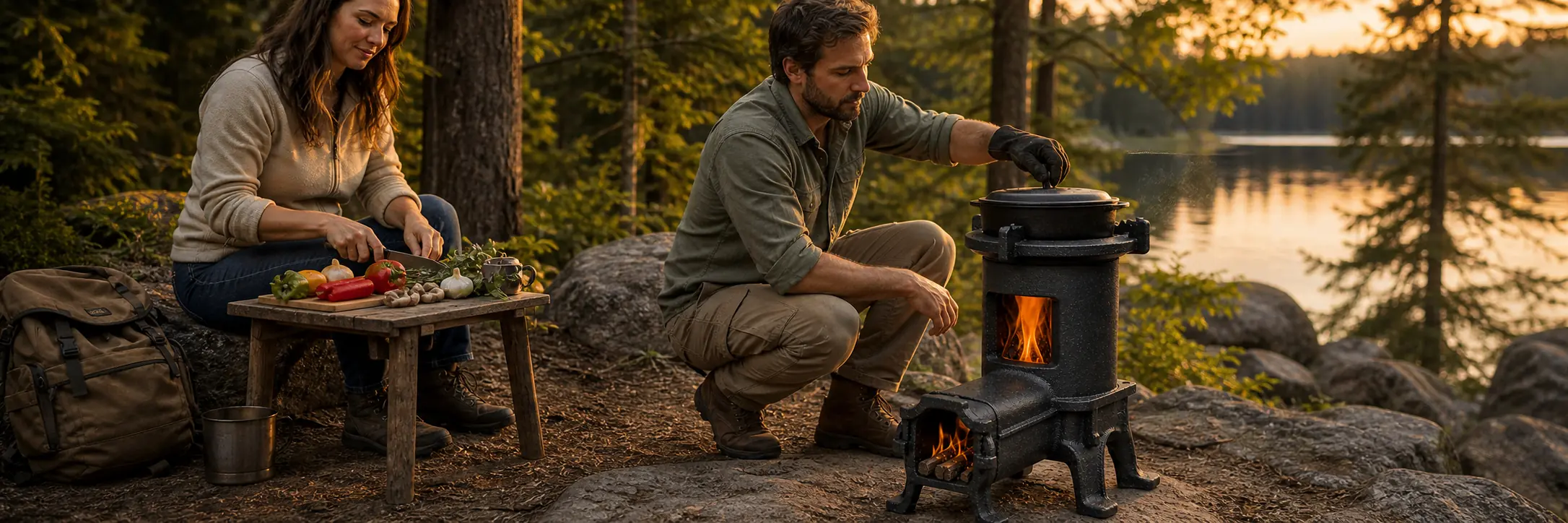 Illustrative cast-iron rocket stove with a horizontal feed tube and pot ring