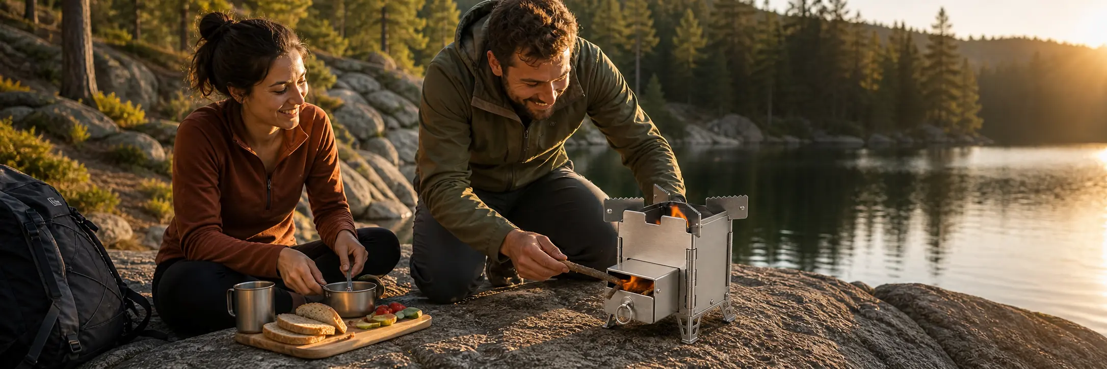 Two hikers cooking with the cubic mini rocket stove by a lake