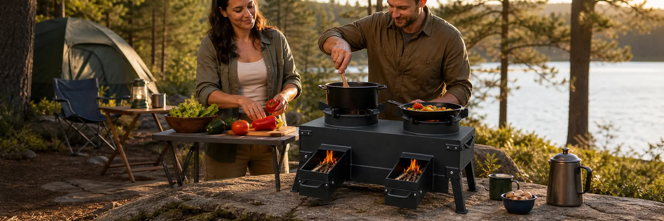 Illustrative double-burner rocket stove with twin front feed chambers