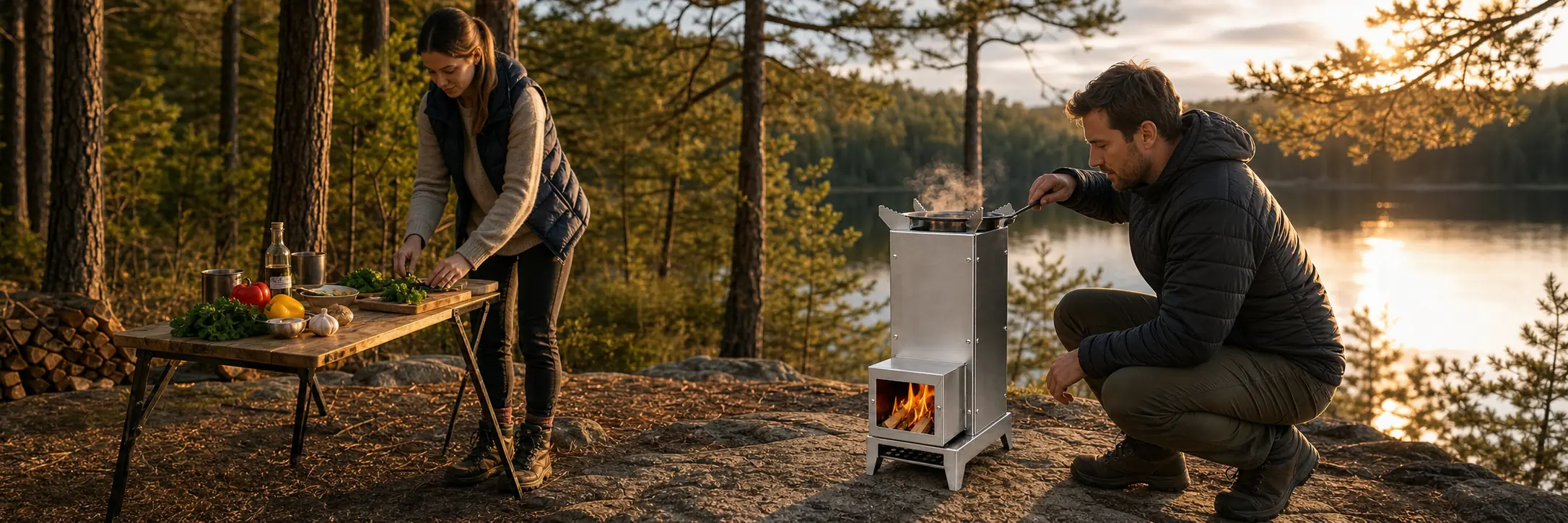 Illustrative tall stainless-steel rocket stove with a single front feed box