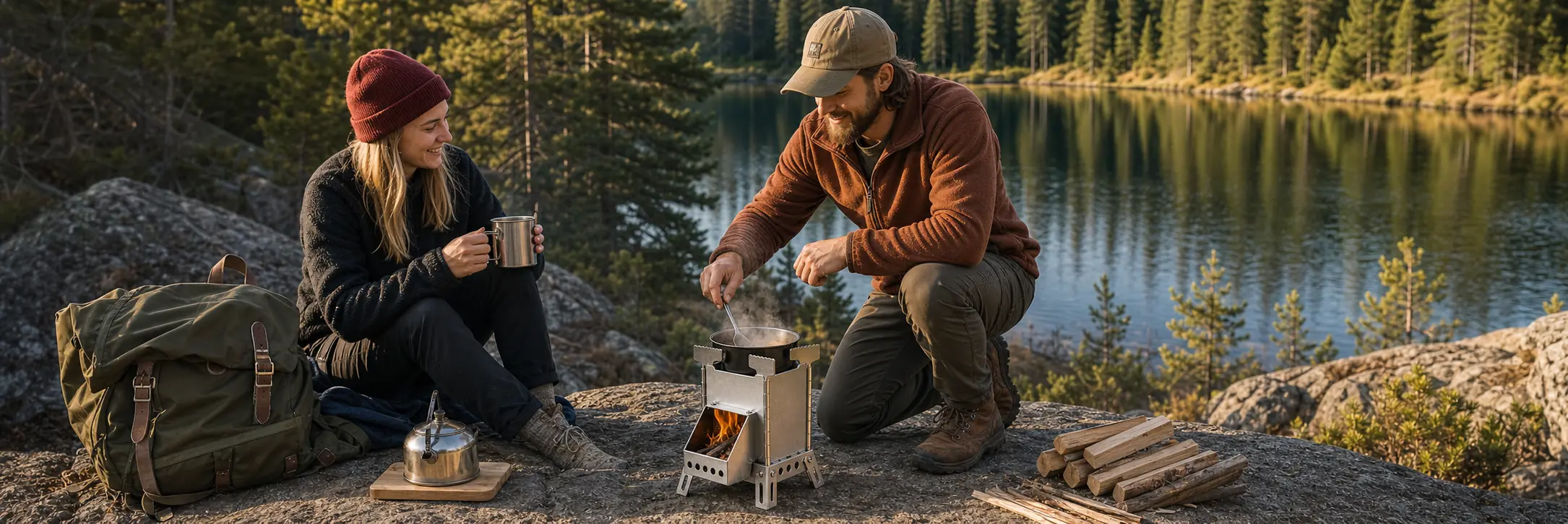 Illustrative compact foldable rocket stove with angled feed and pot supports