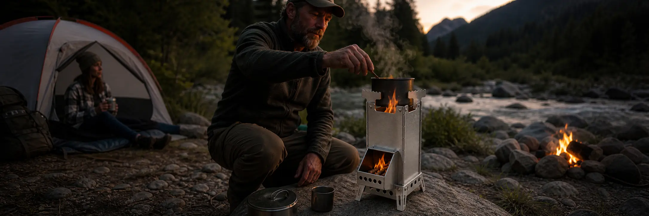Illustrative portable stainless-steel rocket stove with an angled front feed