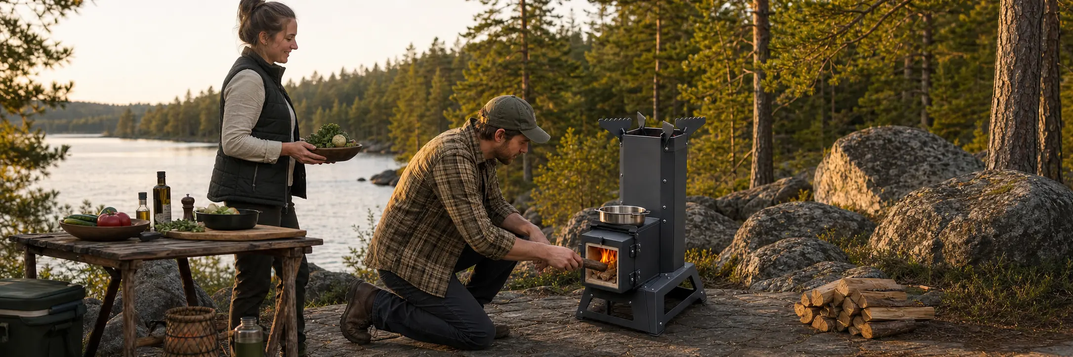 Illustrative coated-steel rocket stove with visible panel hardware and front feed