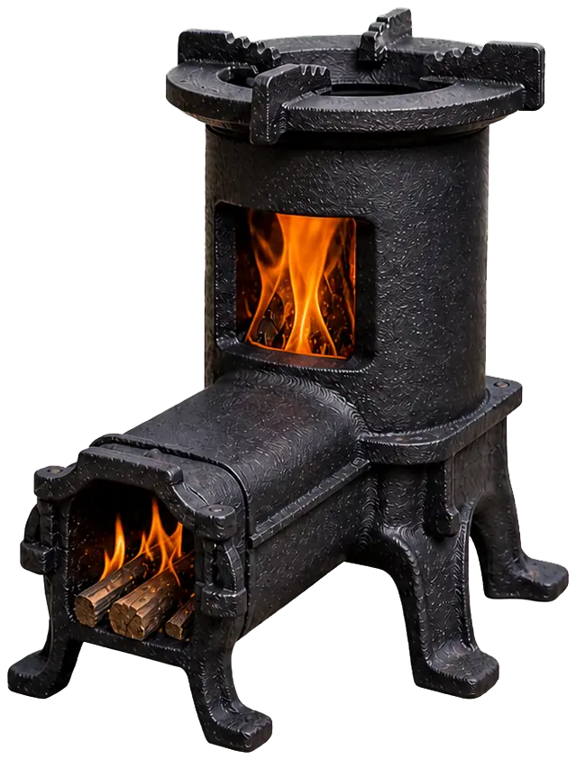 Cast Iron Wood-Burning Rocket Stove configuration shown