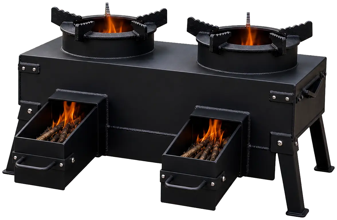 Double-Burner Camping Rocket Stove configuration shown
