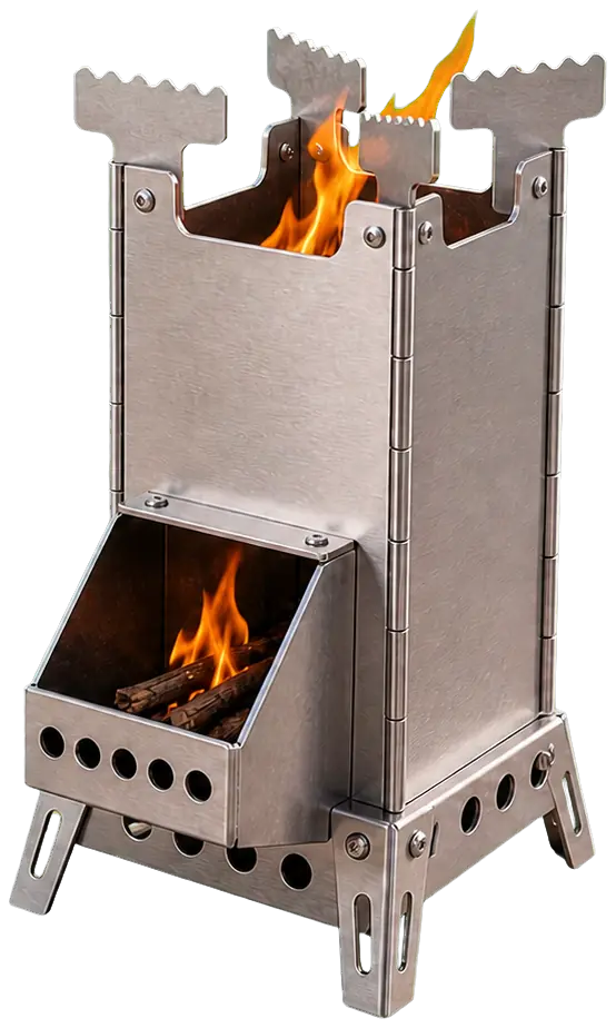 Portable Stainless Steel Rocket Stove configuration shown