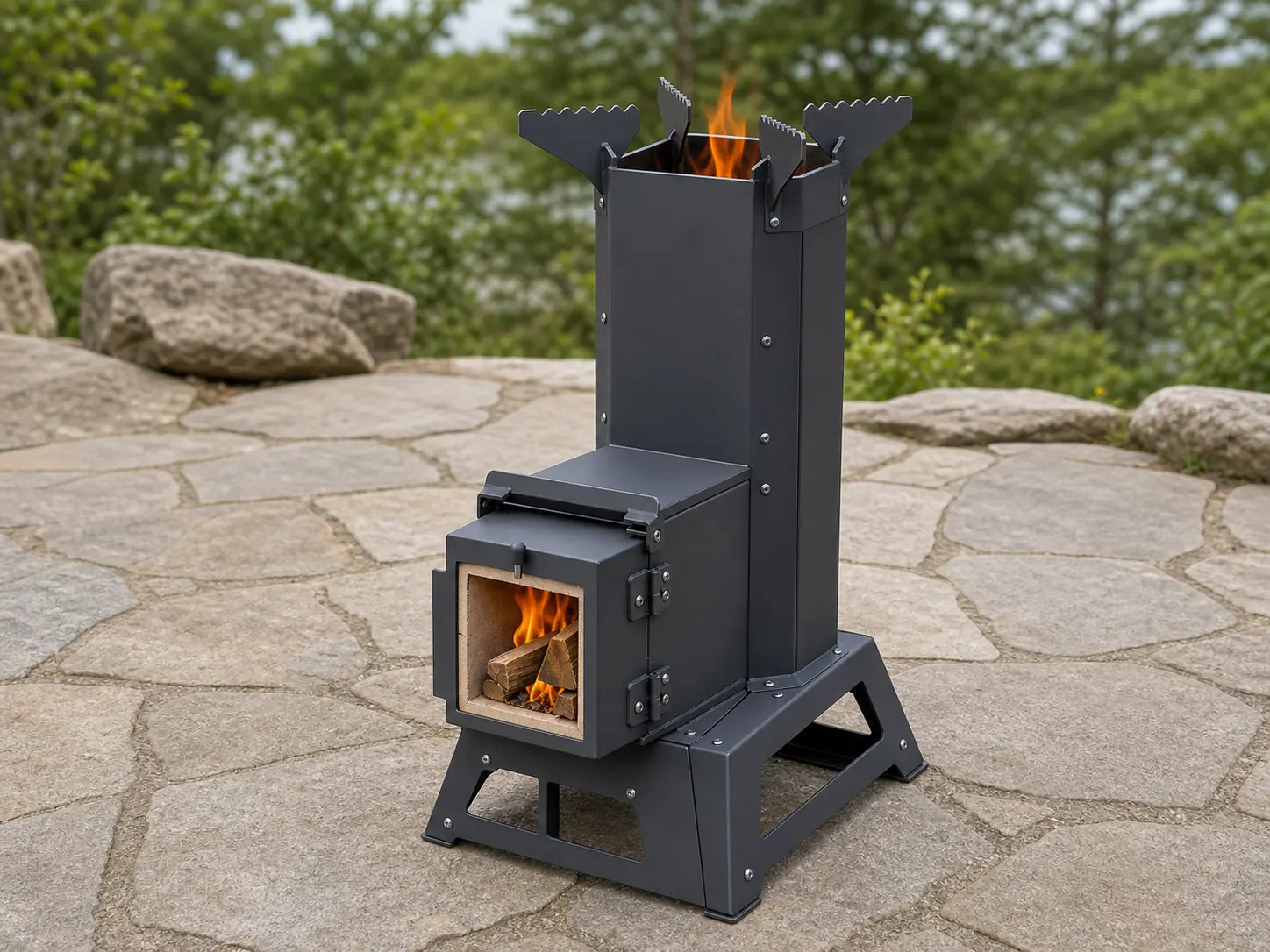 Coated Steel Wood-Fired Rocket Stove configuration shown