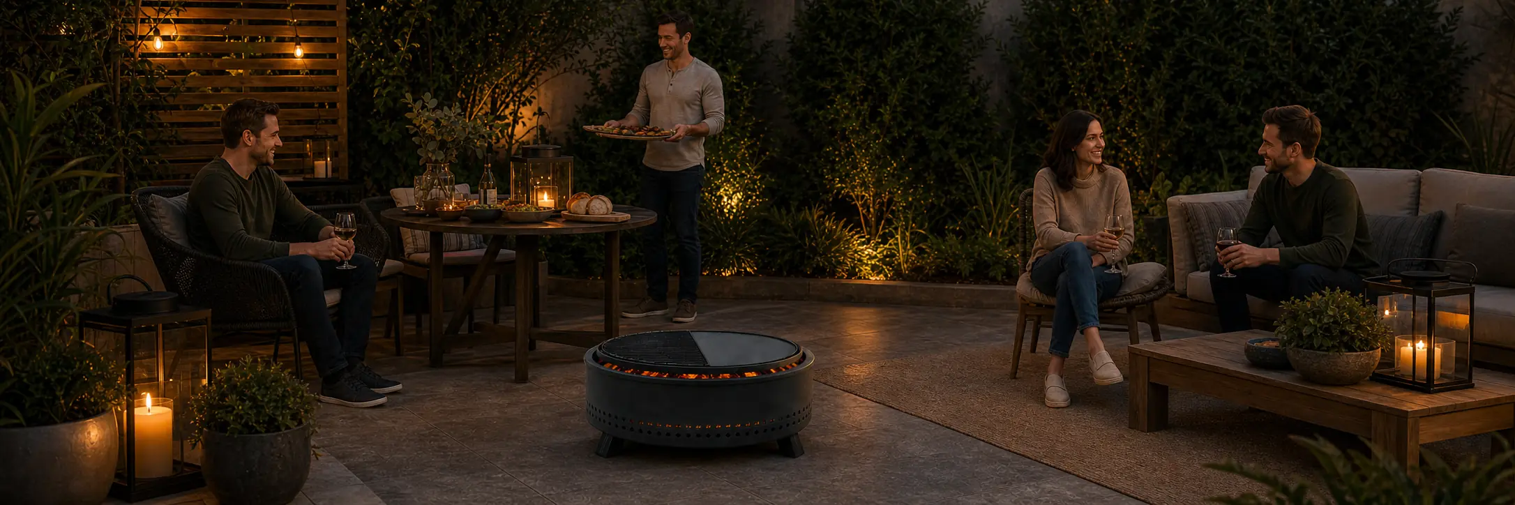 Round steel fire pit with grill and griddle at an evening patio gathering