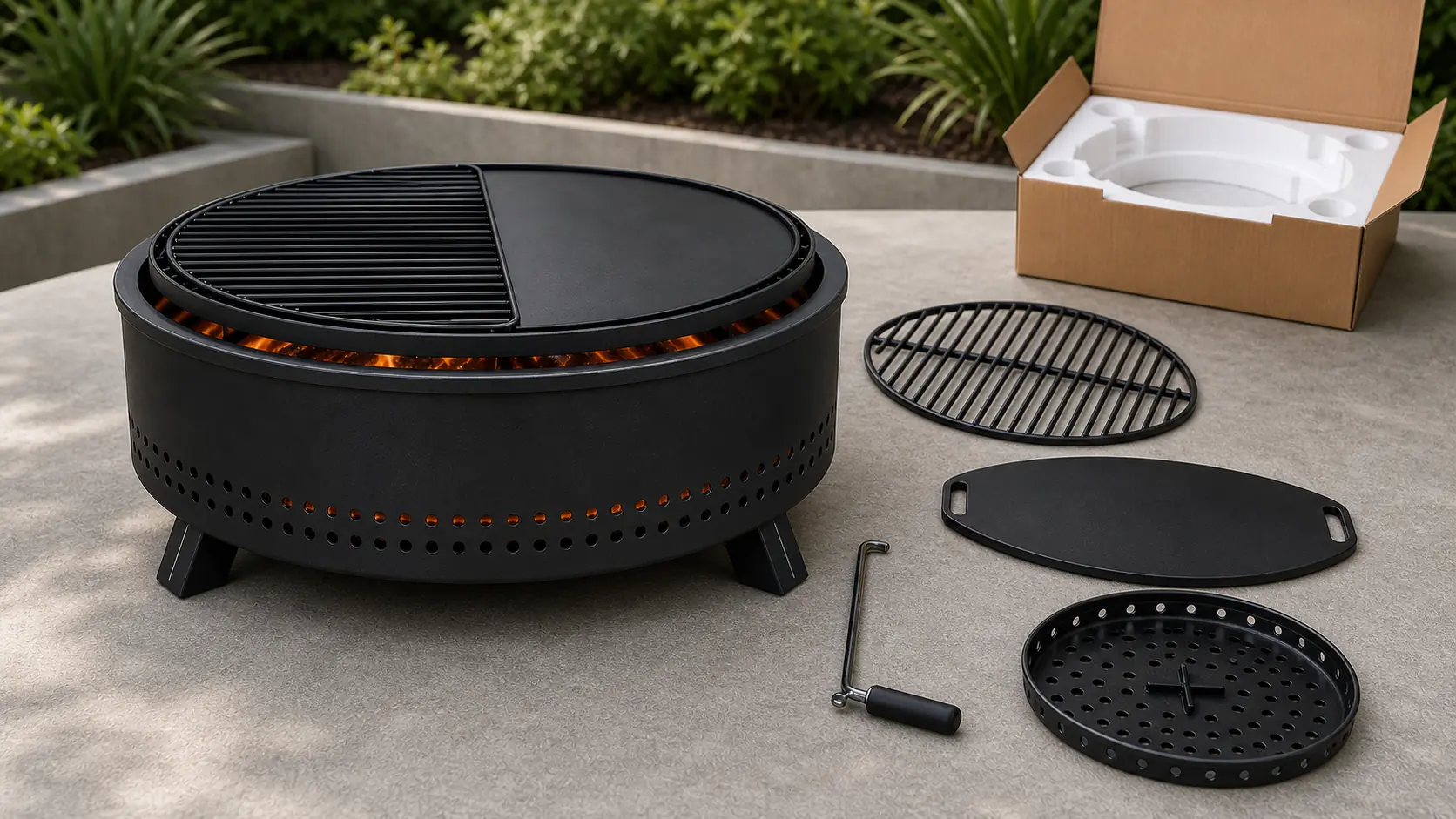 Illustrative detail view of Round Steel Fire Pit with Grill and Griddle