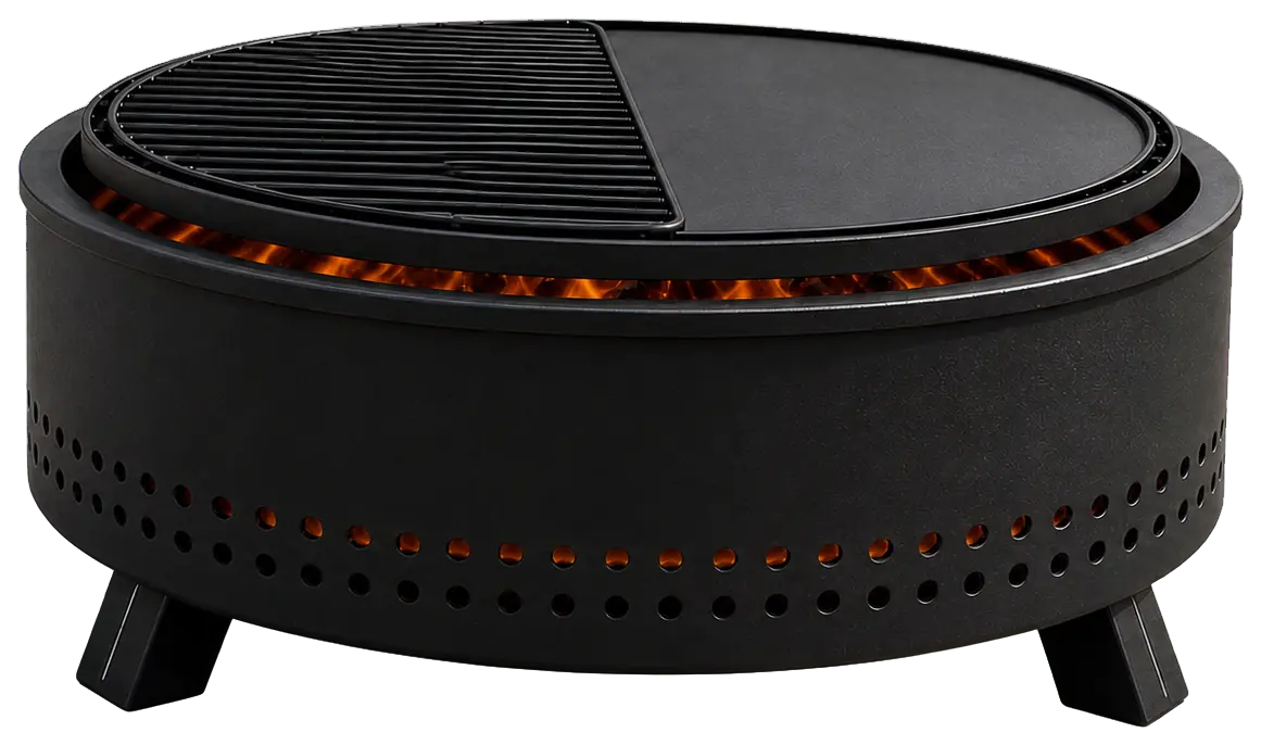 Round Steel Fire Pit with Grill and Griddle configuration shown