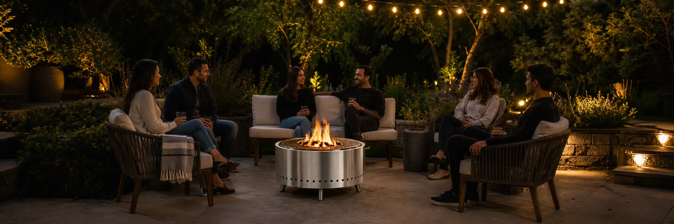 GoldFire smokeless fire pit in a warm evening outdoor setting