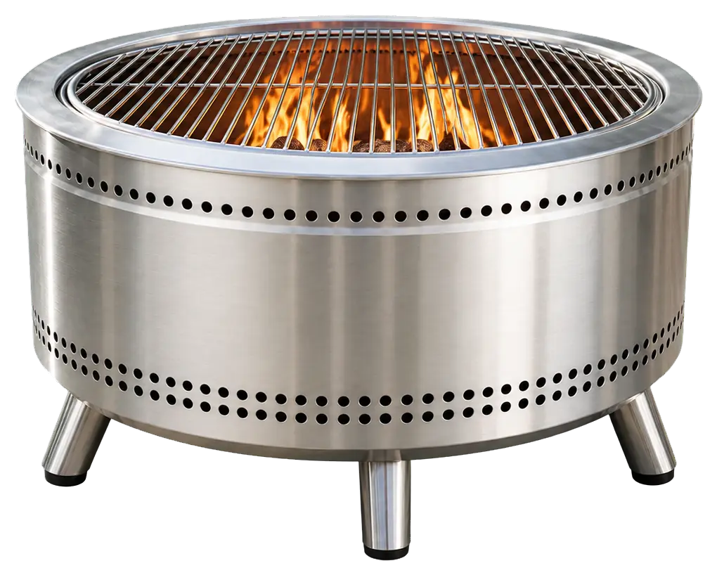 Stainless steel outdoor fire pit with removable BBQ grill in a patio campsite setting