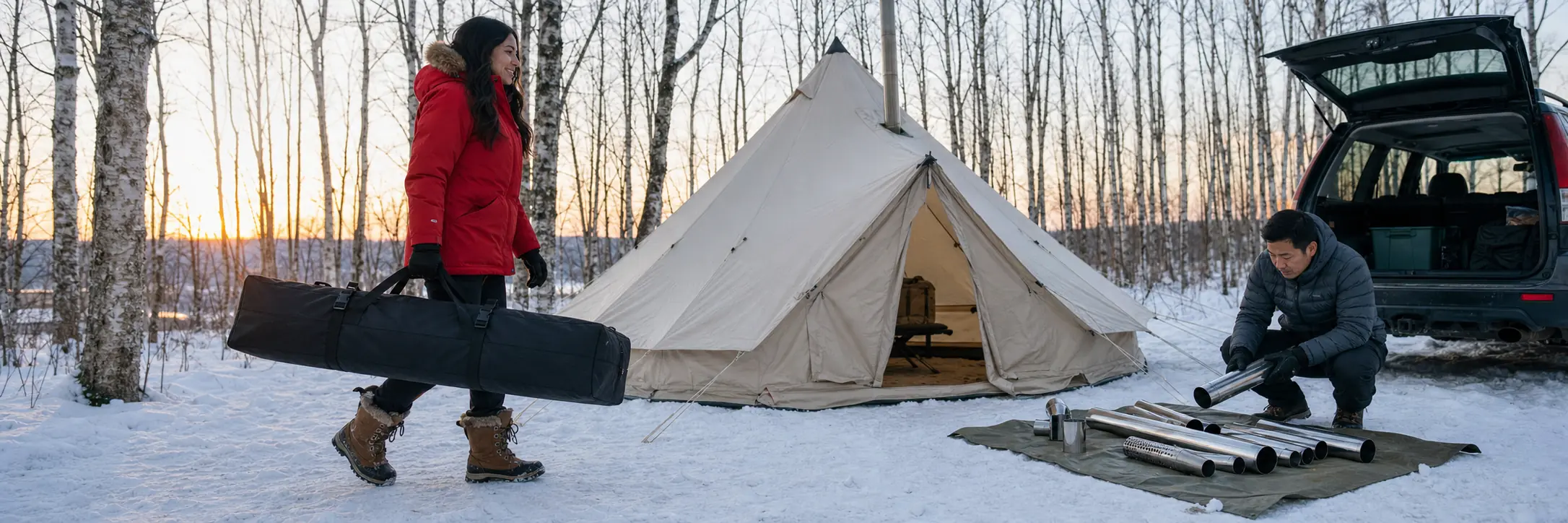 Campers carrying a heavy duty tent stove storage bag in snowy woods