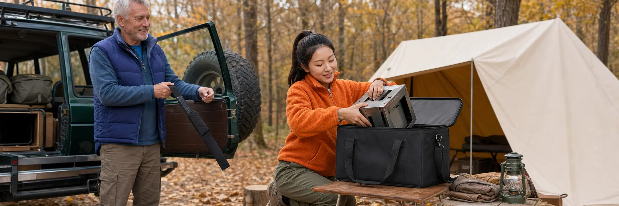 Campers packing a portable stove carry bag at a forest campsite