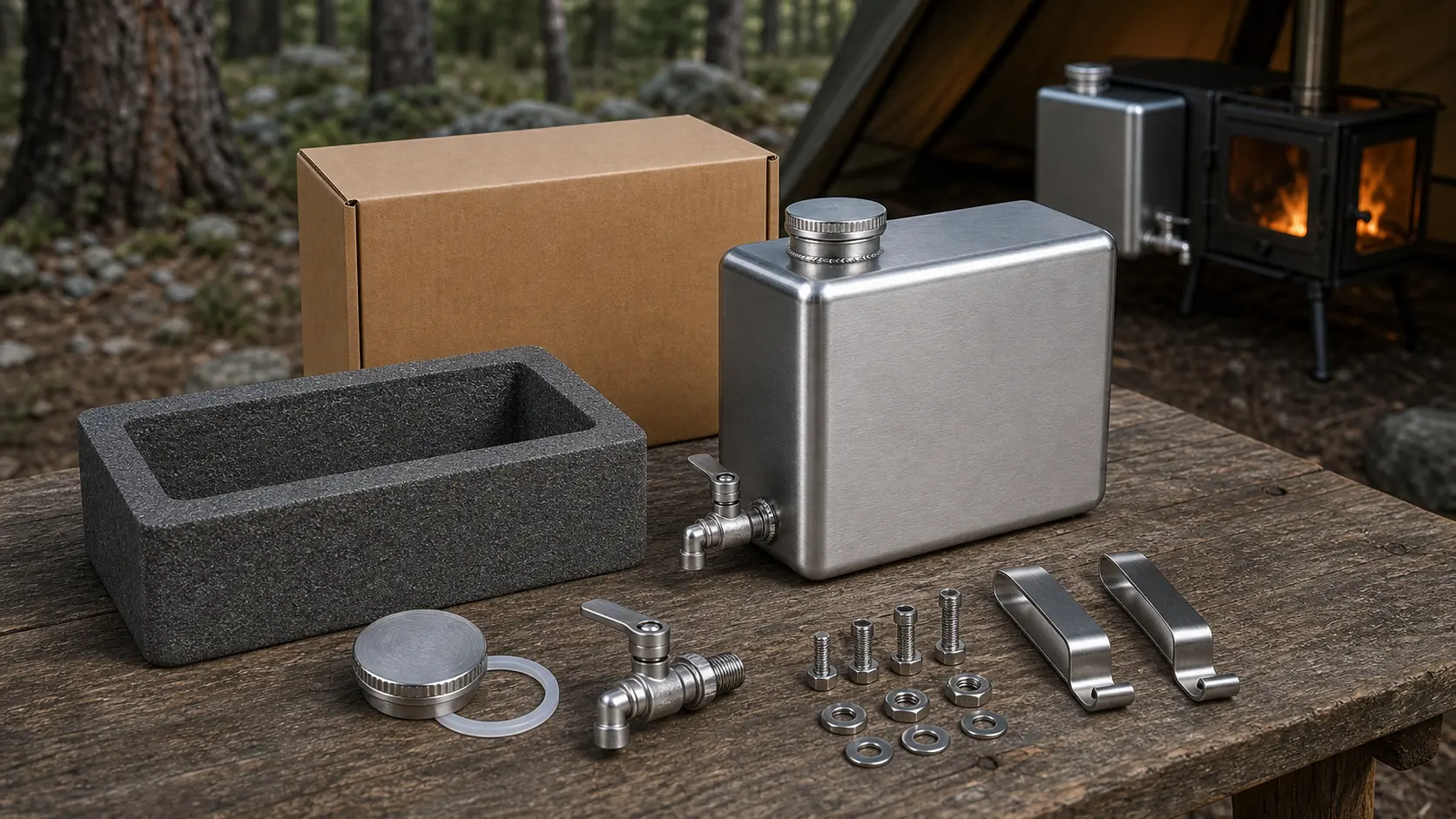 Illustrative detail view of 3 L Side-Mount Water Tank for Tent Stoves
