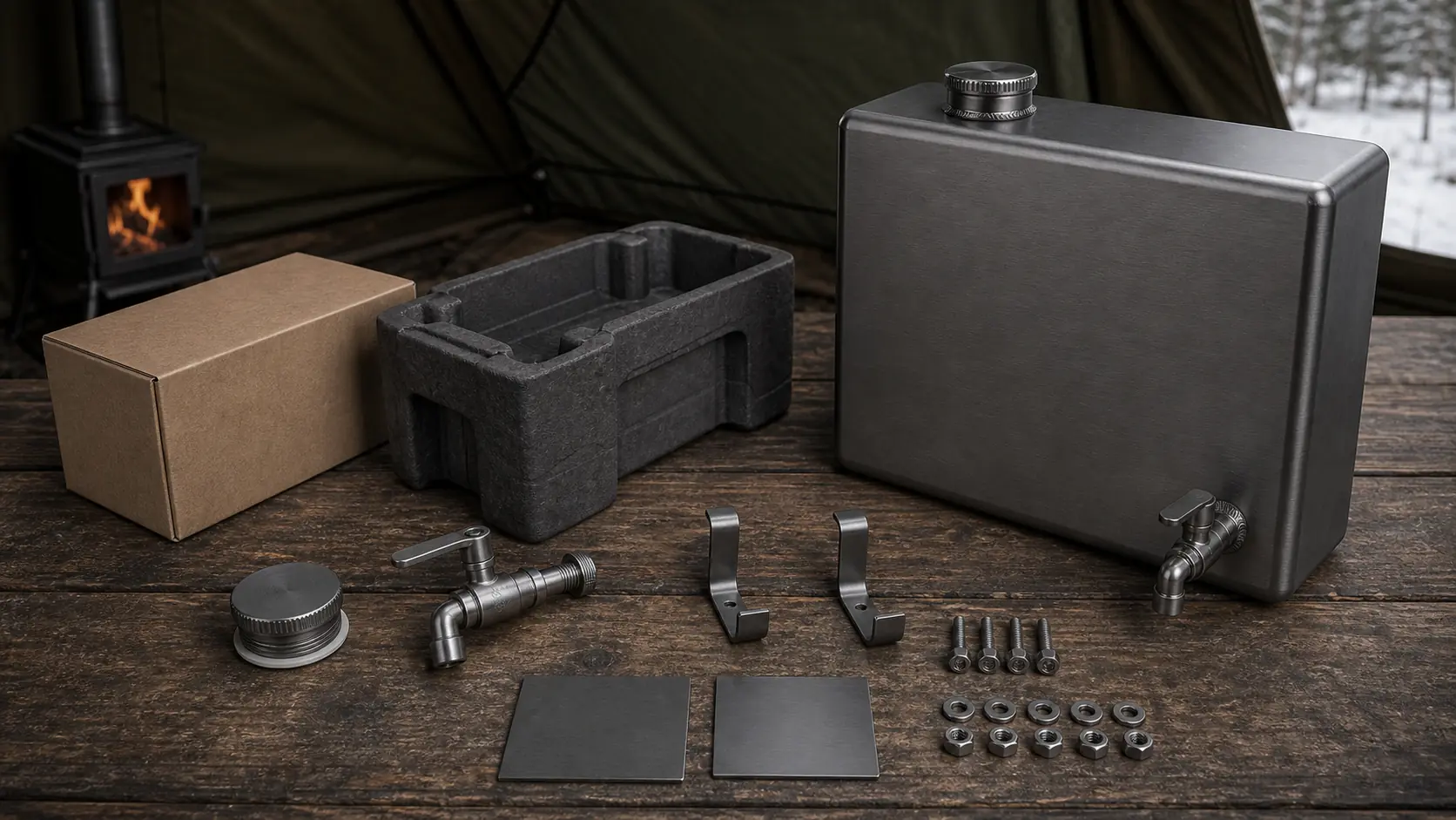 Illustrative detail view of 5 L Side-Mount Water Tank for Tent Stoves