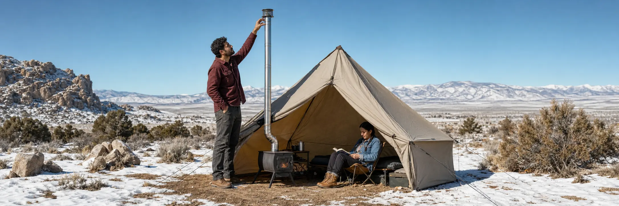 Illustrative 2.5-inch chimney pipe components beside a tent stove