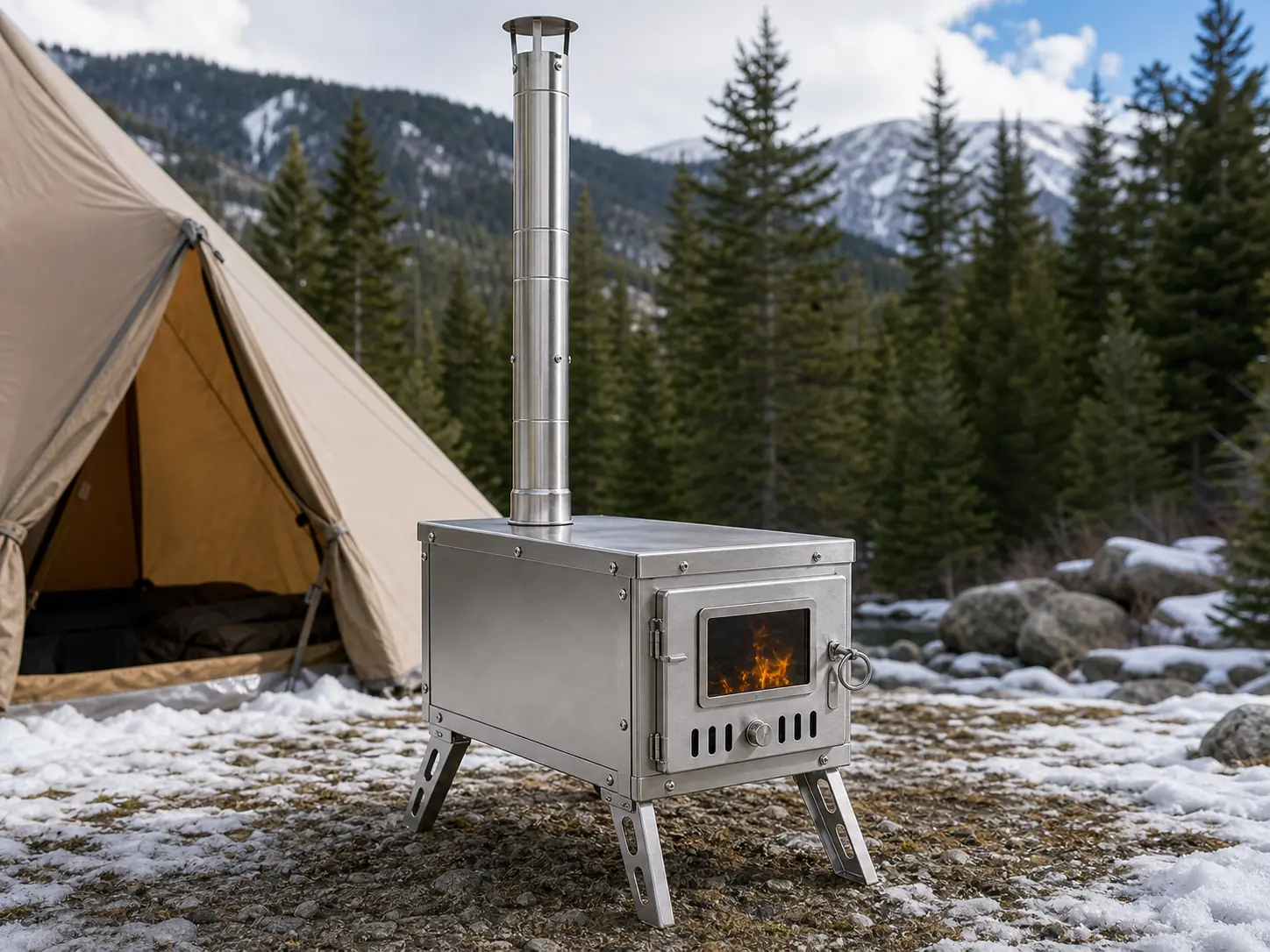 Stainless Steel Tent Stove with Chimney Set configuration shown
