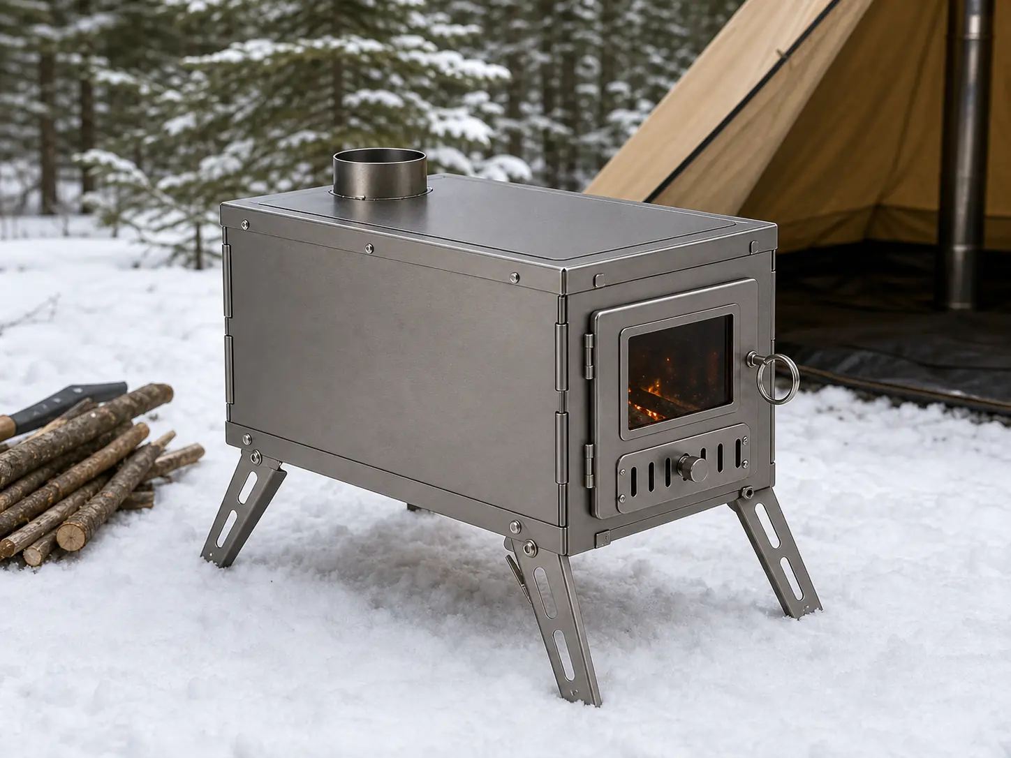 Foldable Titanium Tent Stove configuration shown