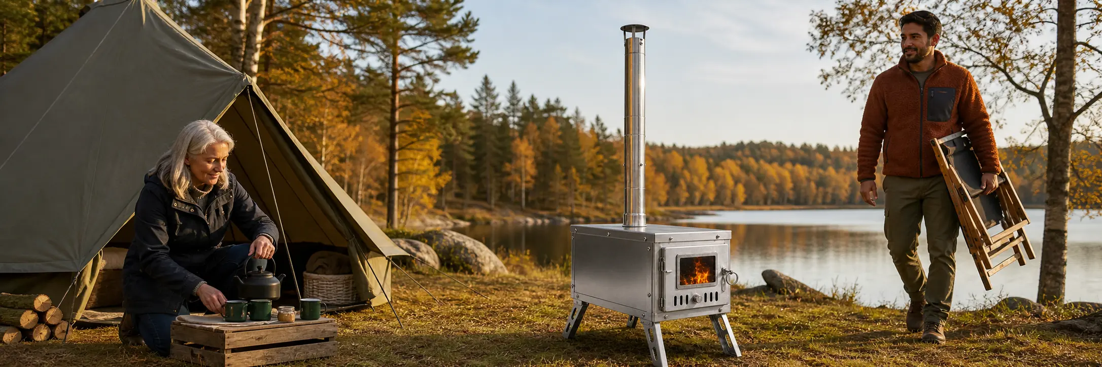 Illustrative stainless-steel tent stove with detachable pipe