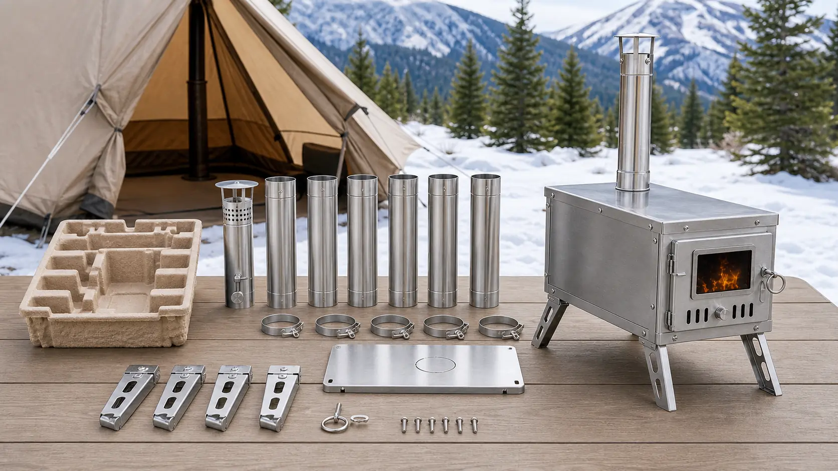 Illustrative detail view of Stainless Steel Tent Stove with Chimney Set