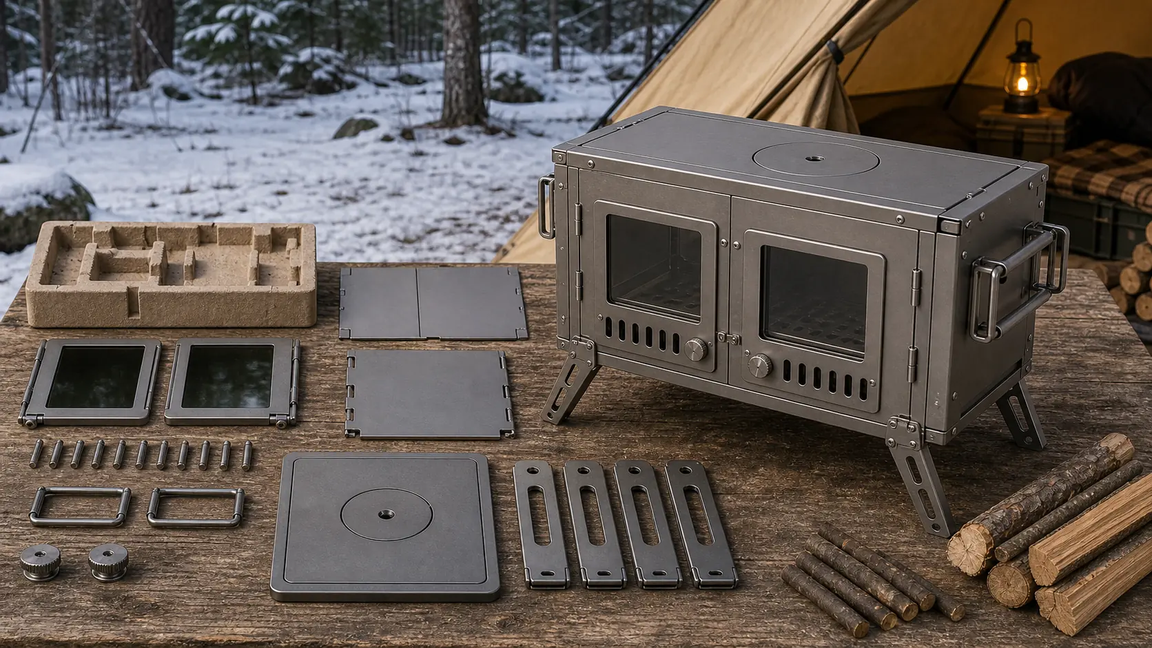 Illustrative detail view of Foldable Titanium Tent Stove with Double Glass Doors