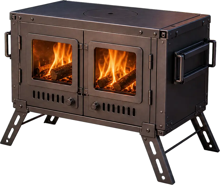 Foldable Titanium Tent Stove with Double Glass Doors configuration shown