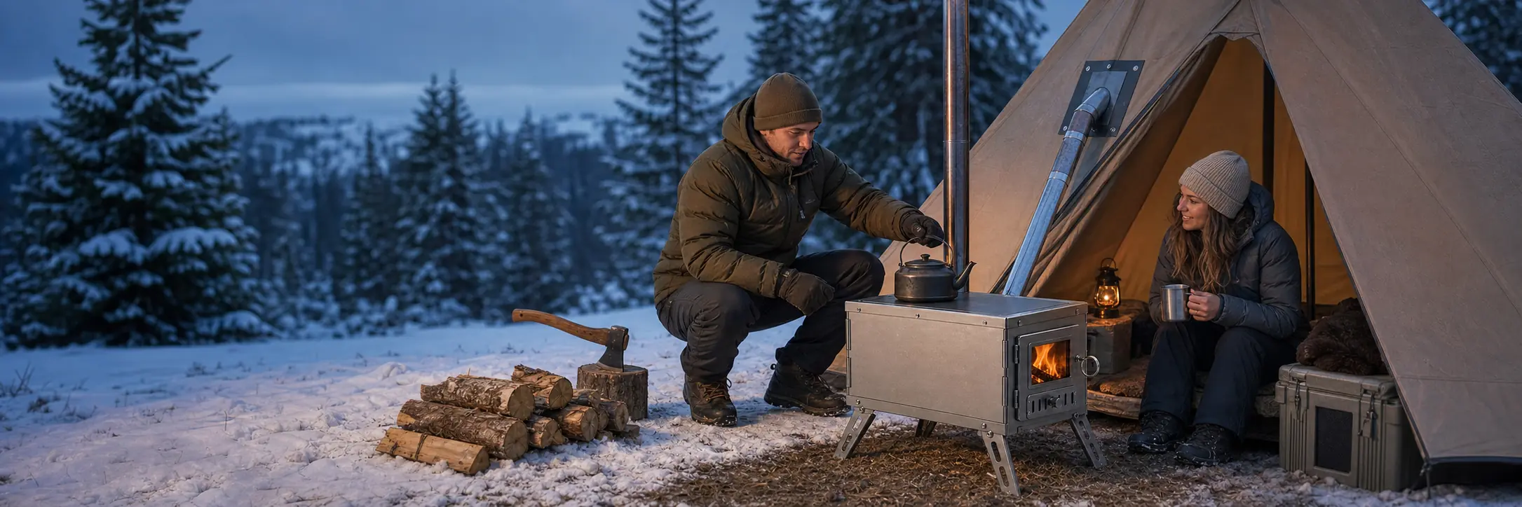 Illustrative foldable tent stove with flat cooking top