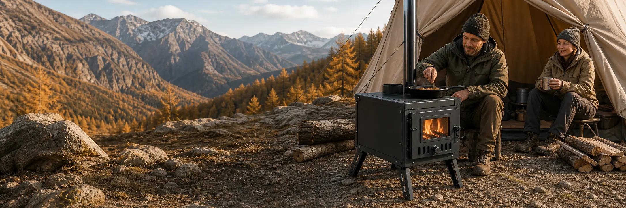 Illustrative heavy-gauge steel tent stove with a front viewing door