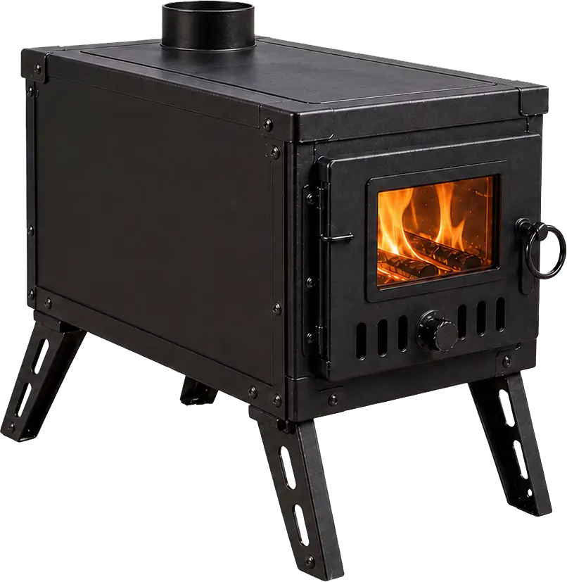 Heavy-Gauge Steel Tent Stove with Glass Door configuration shown