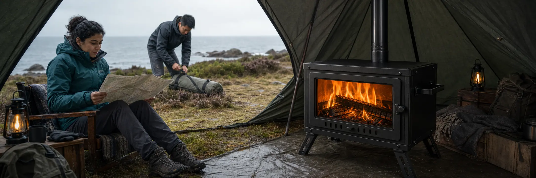 Illustrative coated-steel tent stove with large glass window