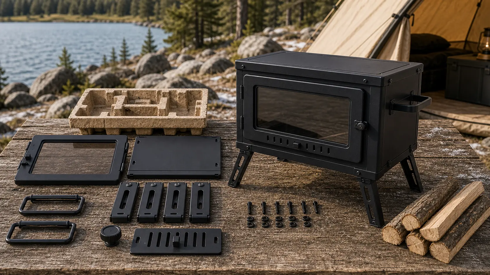 Illustrative detail view of Wood-Burning Tent Stove with Large Viewing Window