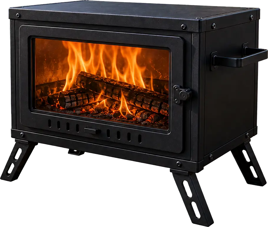 Wood-Burning Tent Stove with Large Viewing Window configuration shown