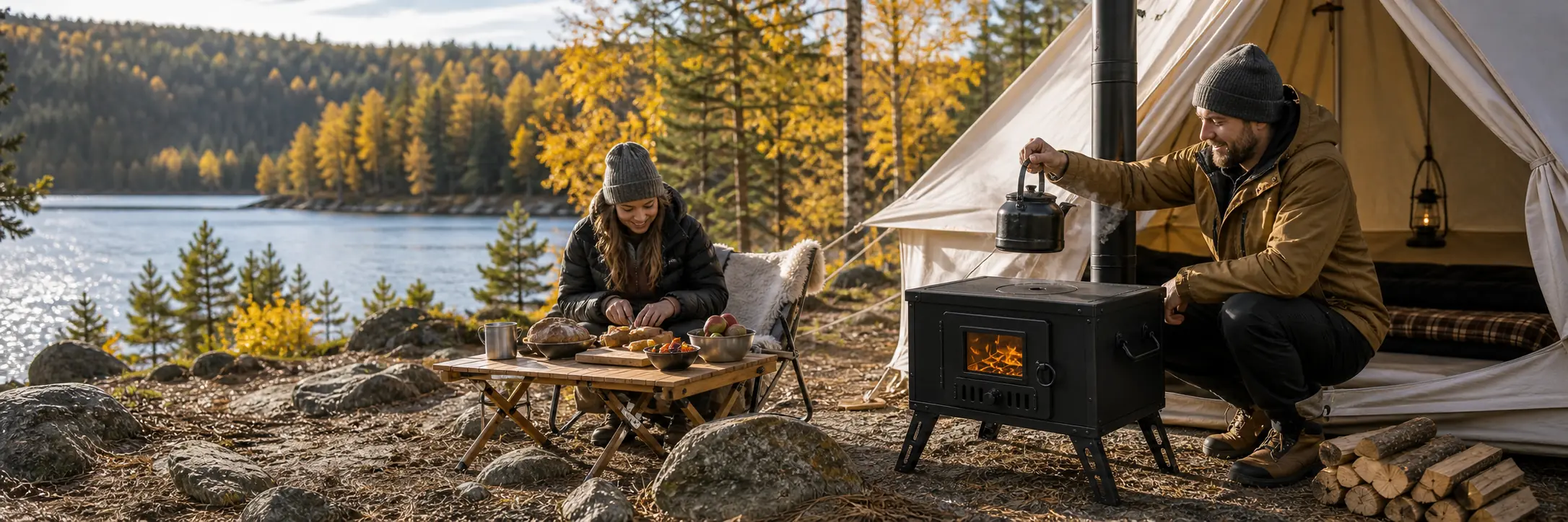 Illustrative tent stove with a flat cooking plate