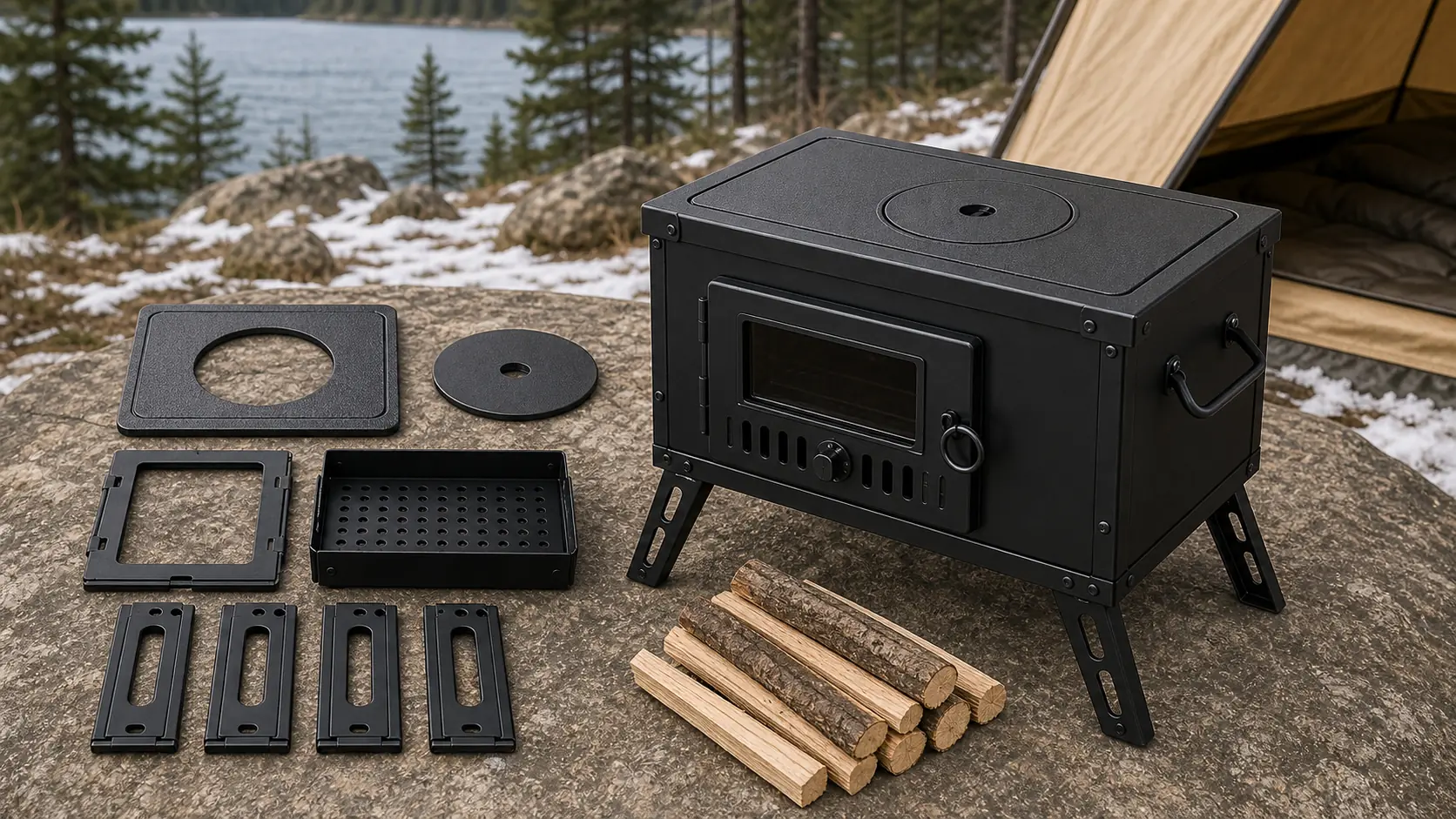 Illustrative detail view of Tent Stove with Cast Iron Cooking Plate