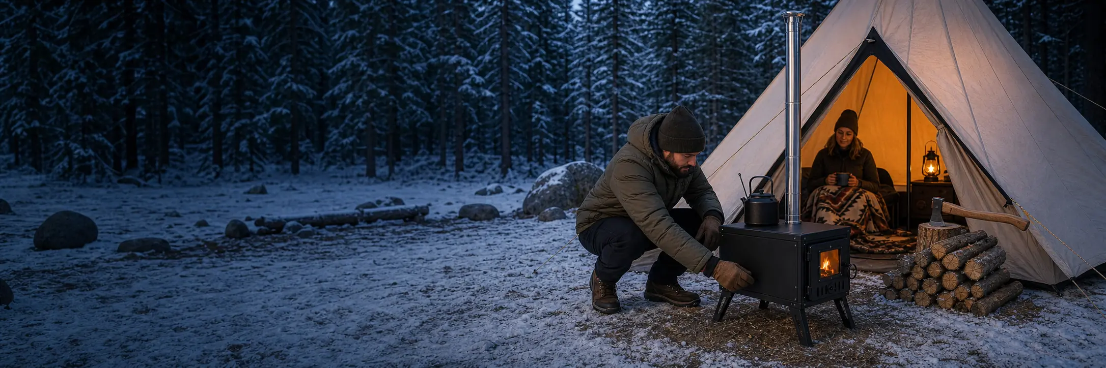 Illustrative portable tent stove with detachable pipe sections beside a canvas tent