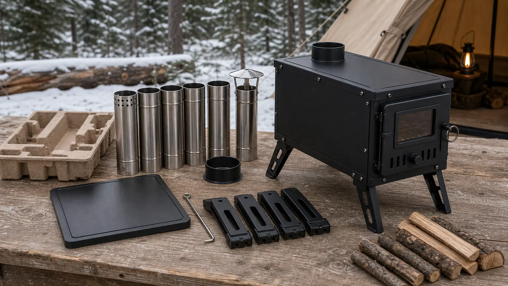 Illustrative detail view of Portable Hot-Tent Stove with Chimney